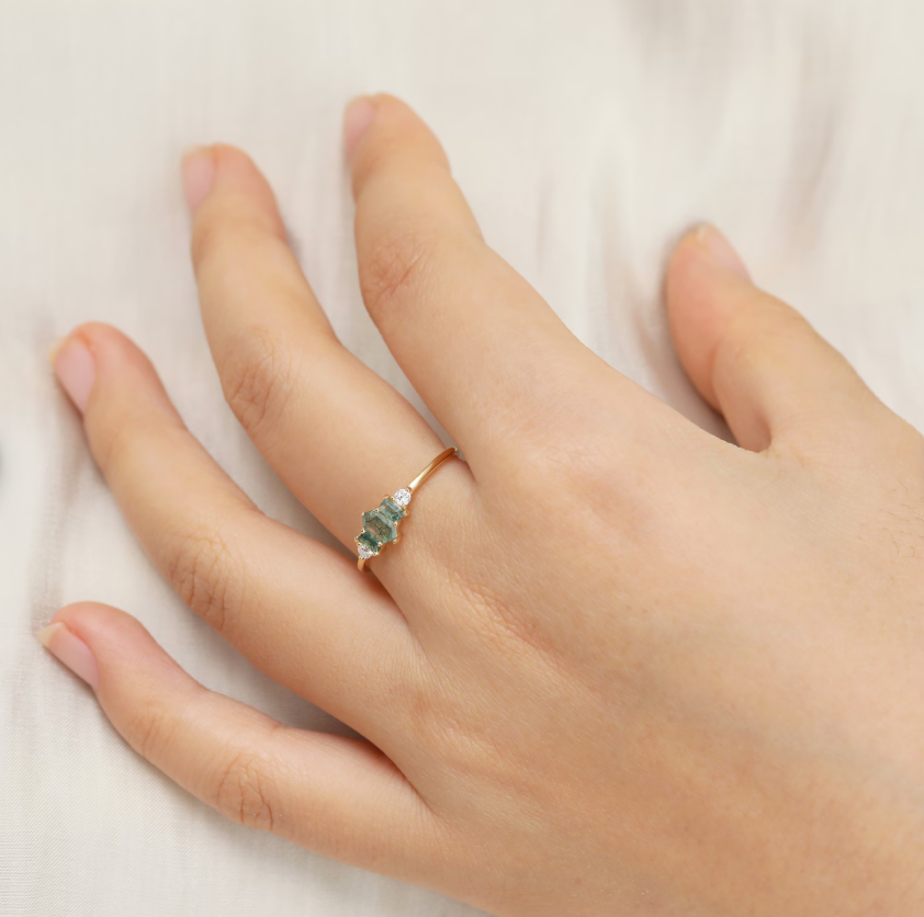14K Solid Gold Moss Agate with Moissanite Ring, Solid Gold Hexagon Moss Agate Ring,Gold Gemstone Ring, Delicate Thin Band Ring,Gift for Her.