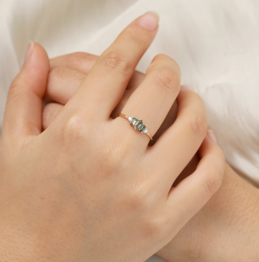 14K Solid Gold Moss Agate with Moissanite Ring, Solid Gold Hexagon Moss Agate Ring,Gold Gemstone Ring, Delicate Thin Band Ring,Gift for Her.