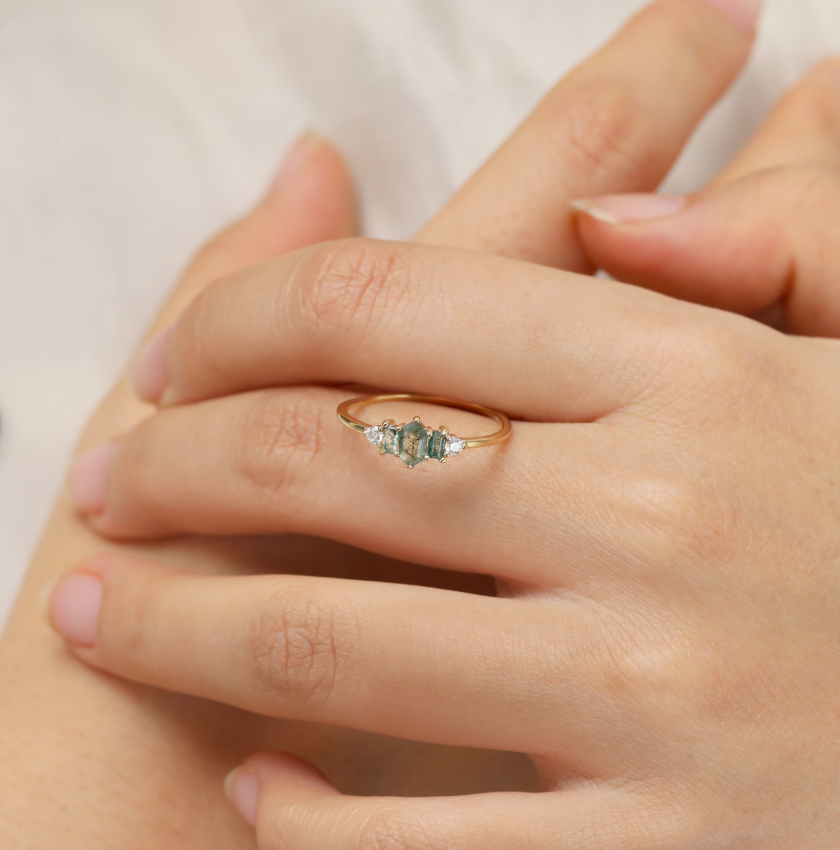 14K Solid Gold Moss Agate with Moissanite Ring, Solid Gold Hexagon Moss Agate Ring,Gold Gemstone Ring, Delicate Thin Band Ring,Gift for Her.