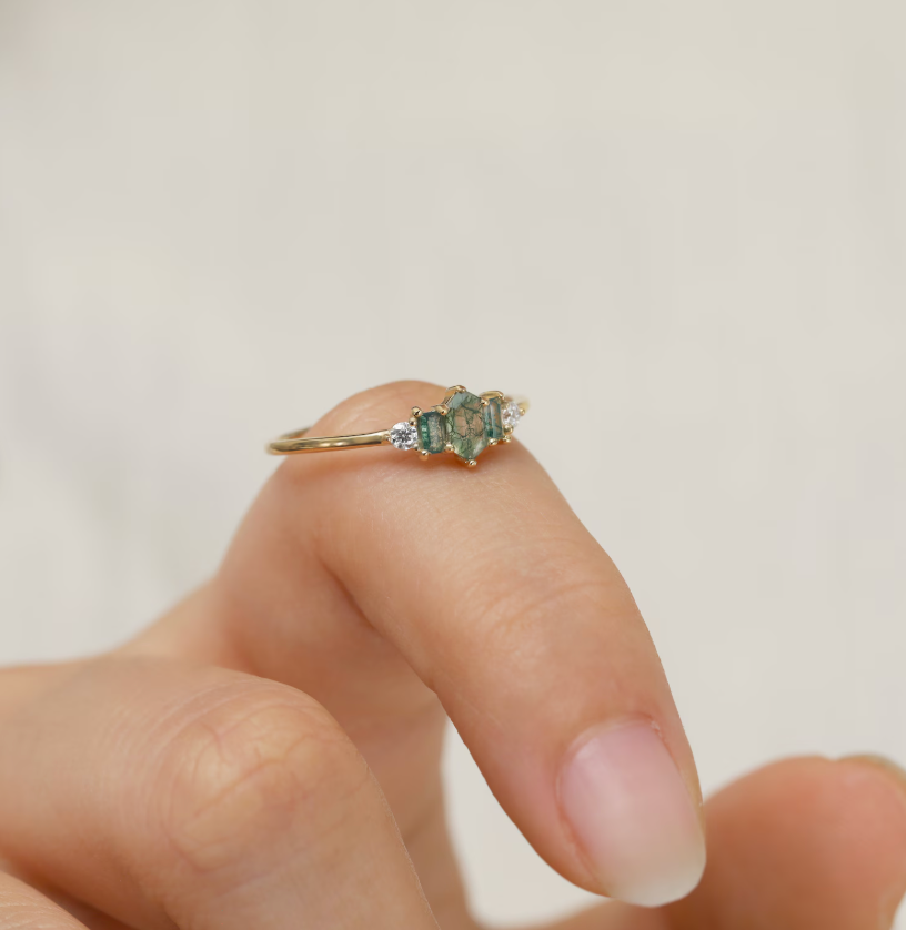 14K Solid Gold Moss Agate with Moissanite Ring, Solid Gold Hexagon Moss Agate Ring,Gold Gemstone Ring, Delicate Thin Band Ring,Gift for Her.