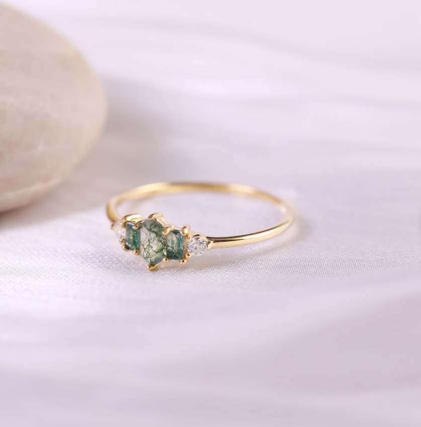 14K Solid Gold Moss Agate with Moissanite Ring, Solid Gold Hexagon Moss Agate Ring,Gold Gemstone Ring, Delicate Thin Band Ring,Gift for Her.