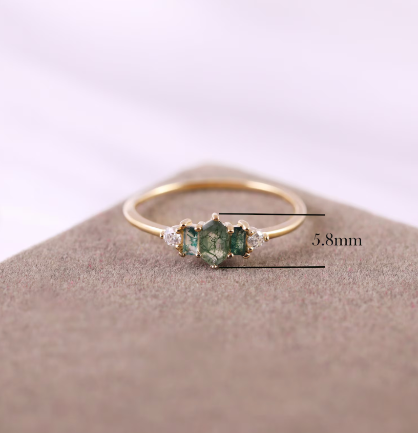 14K Solid Gold Moss Agate with Moissanite Ring, Solid Gold Hexagon Moss Agate Ring,Gold Gemstone Ring, Delicate Thin Band Ring,Gift for Her.
