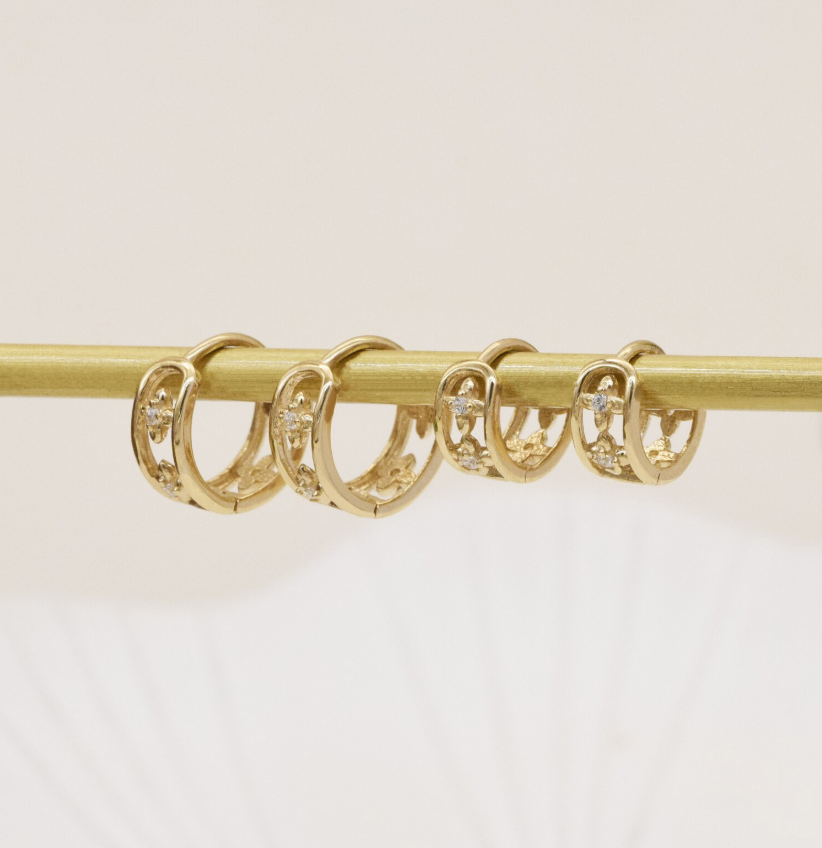 10K Solid Gold flower huggie earrings, Solid Gold Clover hoop earrings