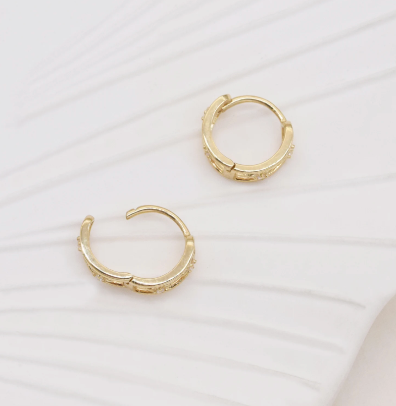 10K Solid Gold flower huggie earrings, Solid Gold Clover hoop earrings