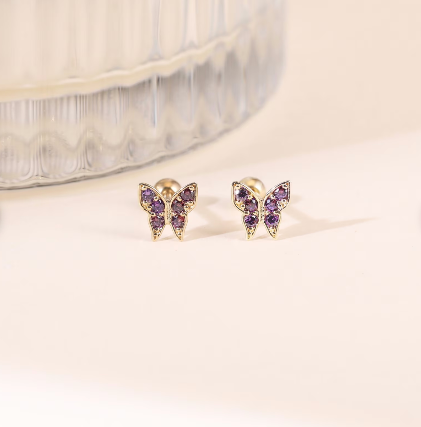 14K Solid Gold Tiny Amethyst Butterfly Stud Earring, Gold Cubic Zirconia Screw Ball Stud, Dainty Gemstone Butterfly Earlobe Cartilage Stud