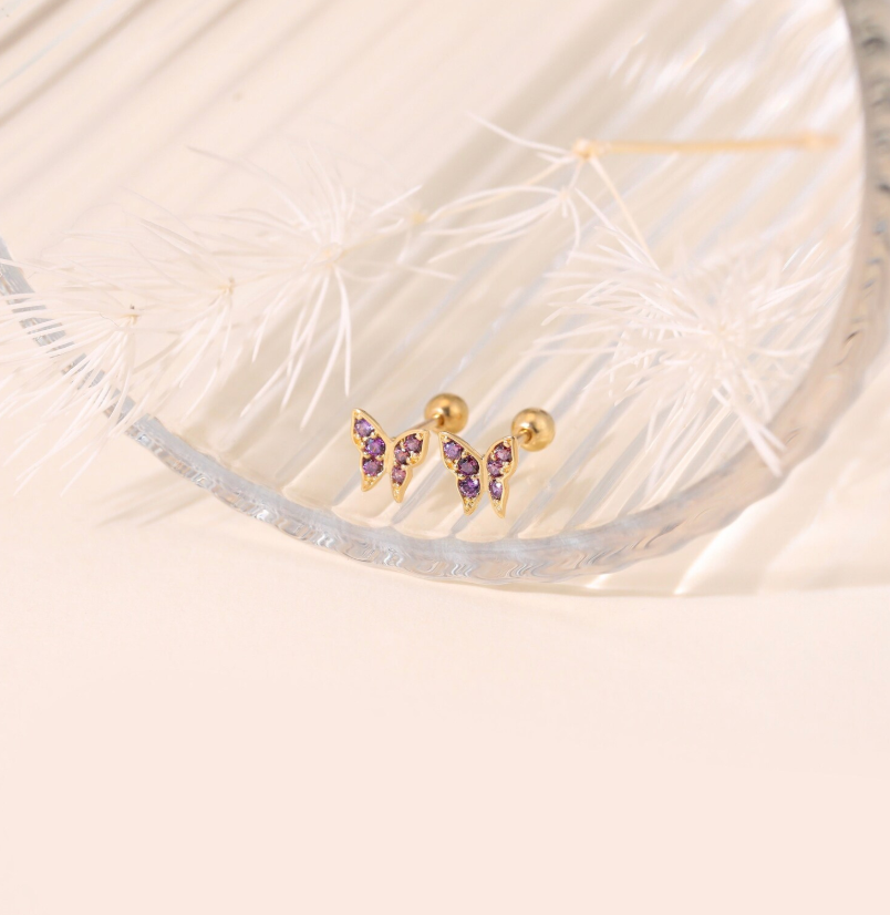 14K Solid Gold Tiny Amethyst Butterfly Stud Earring, Gold Cubic Zirconia Screw Ball Stud, Dainty Gemstone Butterfly Earlobe Cartilage Stud