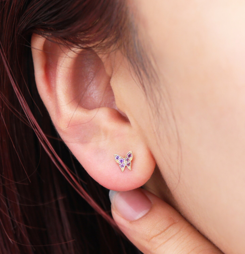 14K Solid Gold Tiny Amethyst Butterfly Stud Earring, Gold Cubic Zirconia Screw Ball Stud, Dainty Gemstone Butterfly Earlobe Cartilage Stud