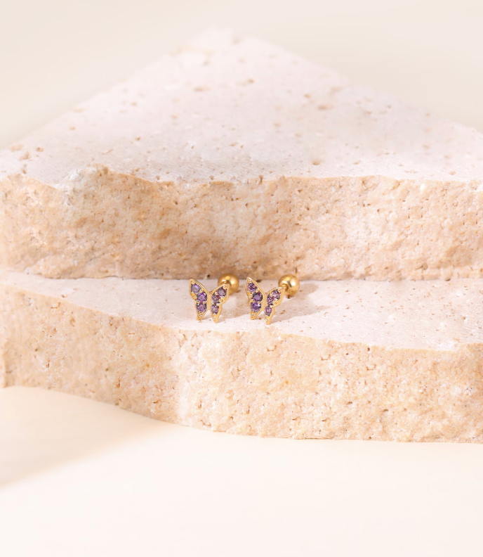 14K Solid Gold Tiny Amethyst Butterfly Stud Earring, Gold Cubic Zirconia Screw Ball Stud, Dainty Gemstone Butterfly Earlobe Cartilage Stud