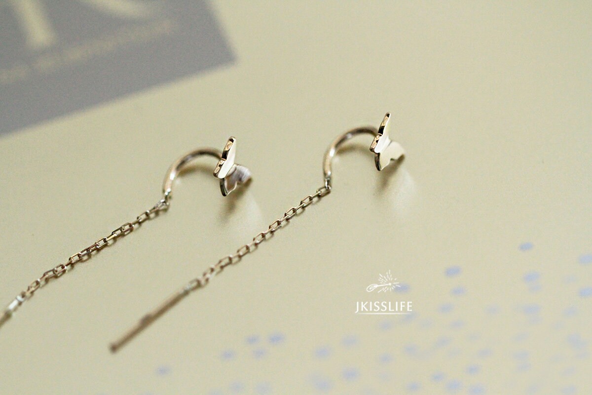 14K Solid Gold Butterfly Threader Drop Dangle Earrings