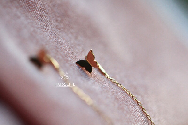 14K Solid Gold Butterfly Threader Drop Dangle Earrings