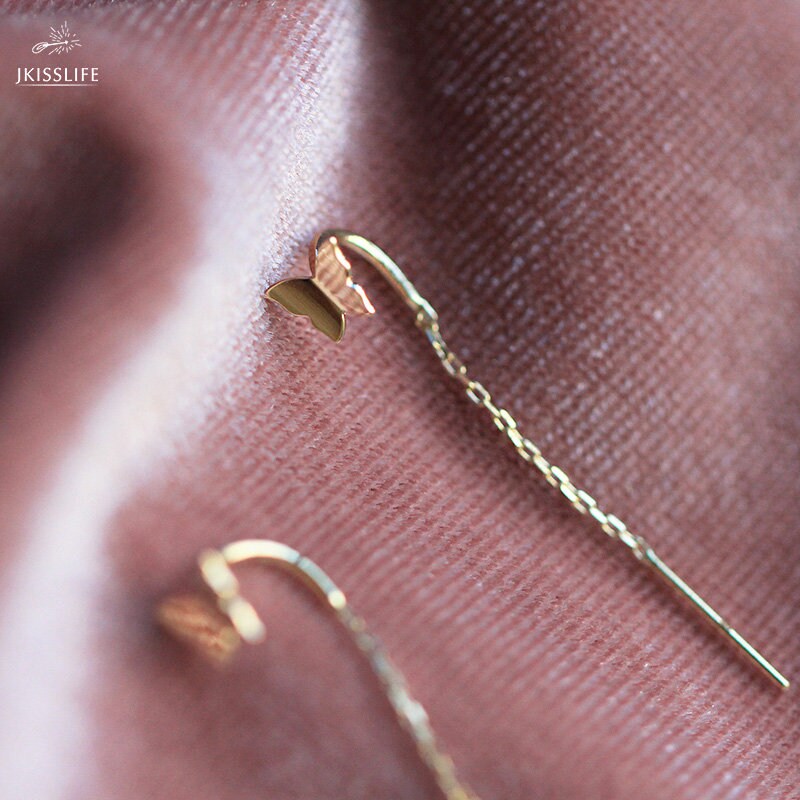 14K Solid Gold Butterfly Threader Drop Dangle Earrings