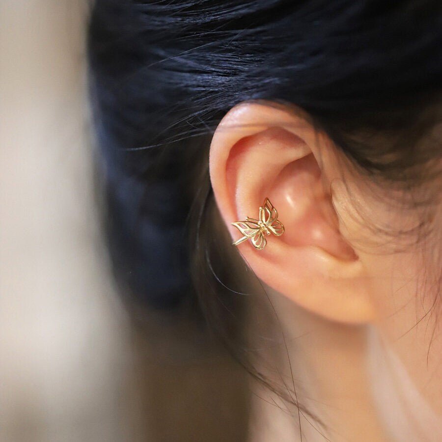 9K Solid Gold Butterfly Cuff Wrap Clip Cartilage Earring
