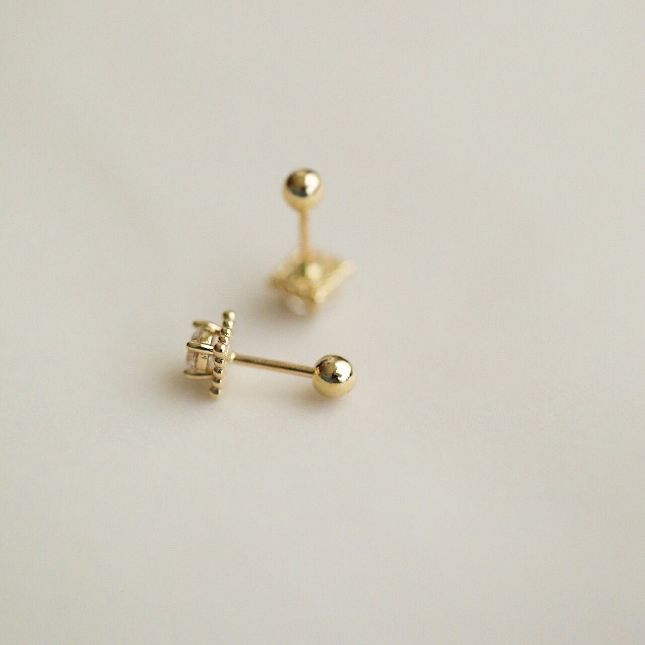 9K Real Solid Gold Sparkling Dainty Screw Back Stud Earrings