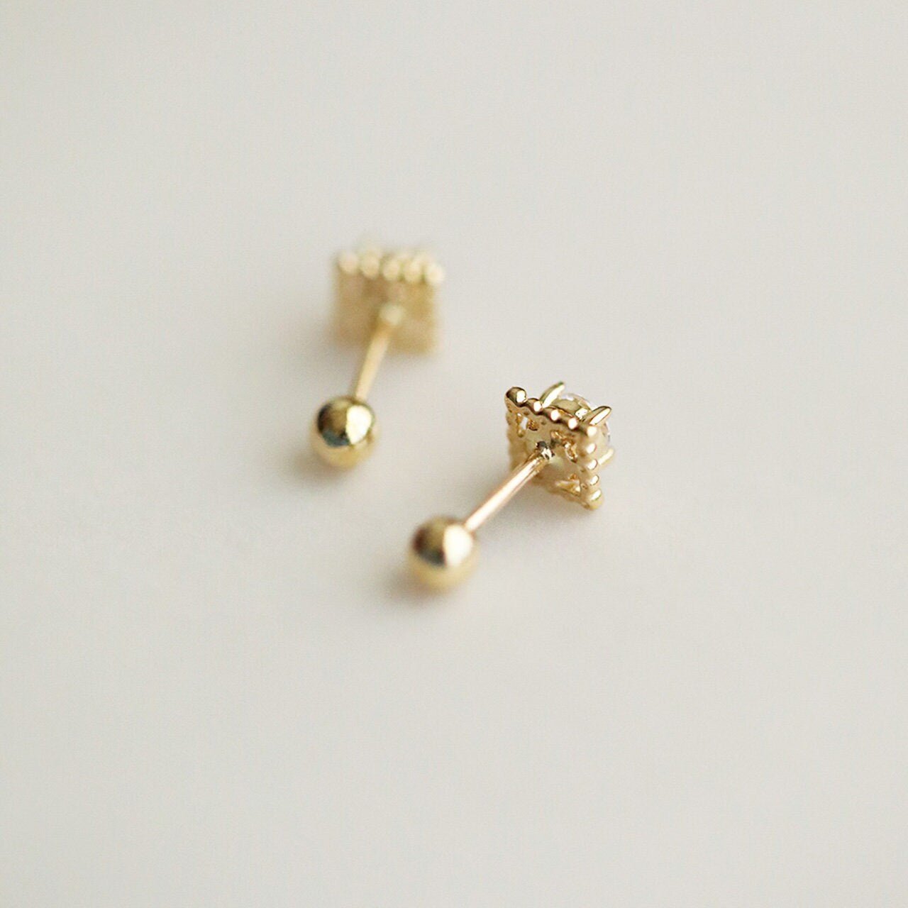 9K Real Solid Gold Sparkling Dainty Screw Back Stud Earrings