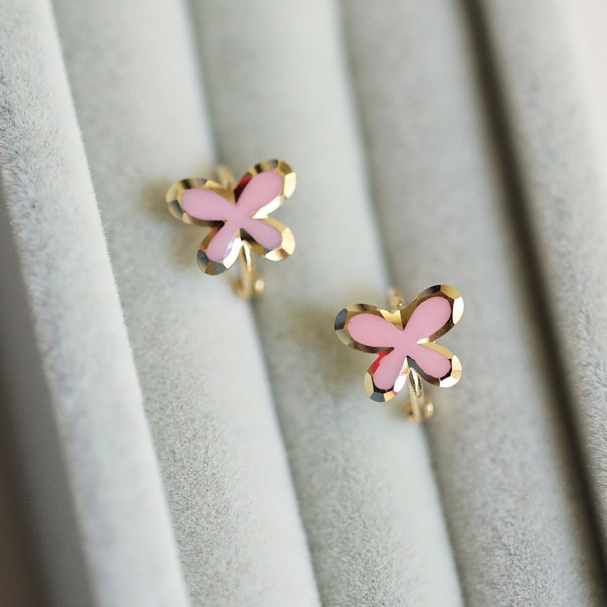 9K Solid Gold Pink Butterfly Hoop Earrings