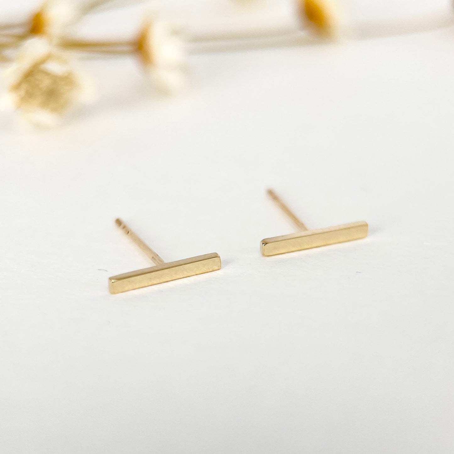 14K Solid Gold Bar Stud Earrings