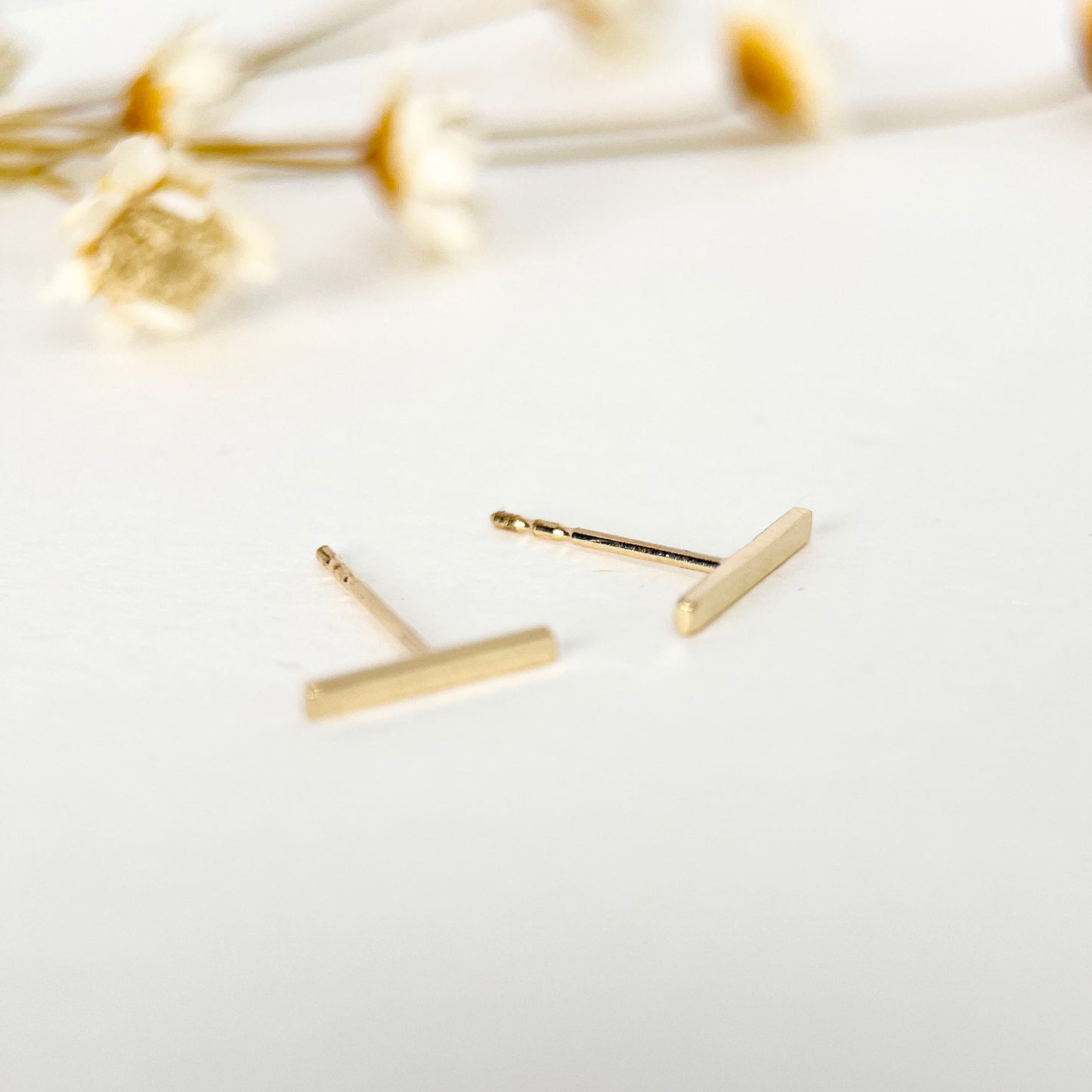 14K Solid Gold Bar Stud Earrings