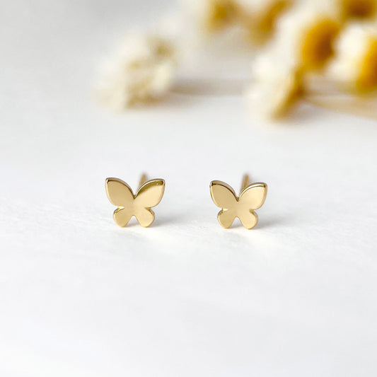 14K Solid Gold Butterfly Dainty Stud Earrings