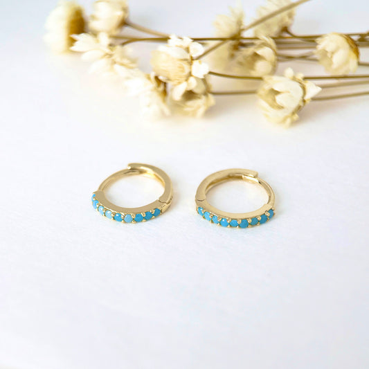 10K Solid Gold Turquoise Pave Hoop Earrings