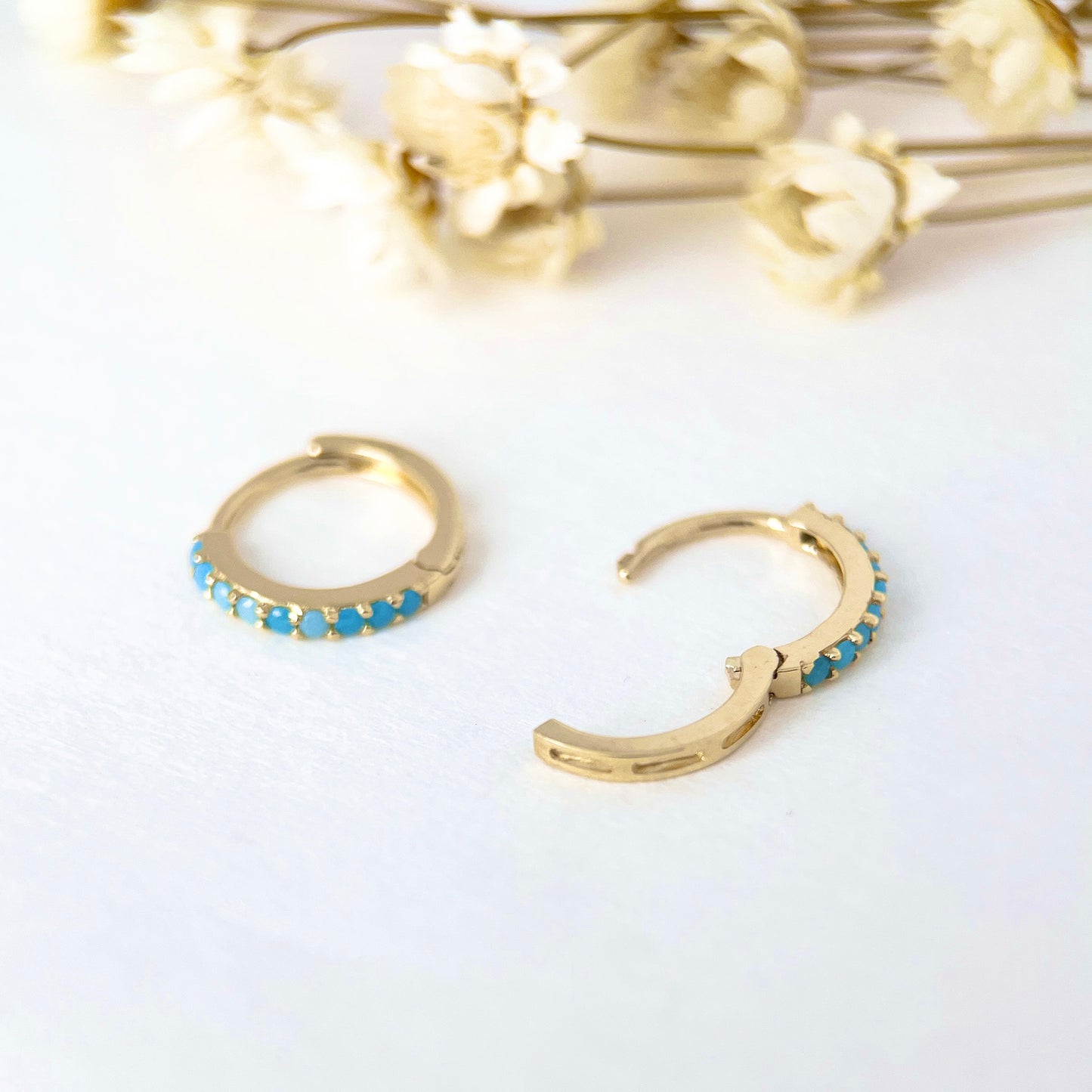 10K Solid Gold Turquoise Pave Hoop Earrings