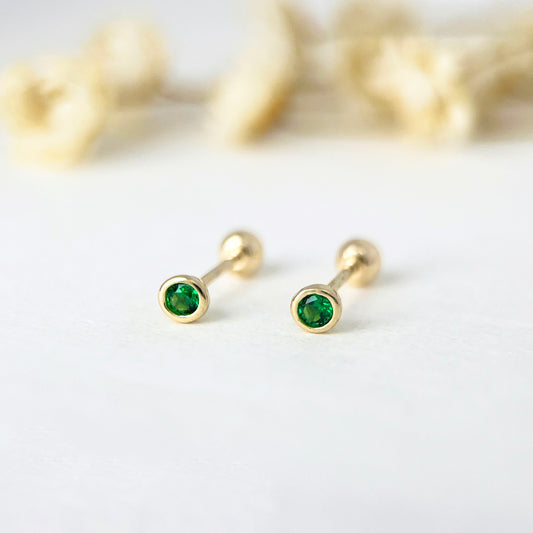 10K Solid Gold Green Gemstone Small Balls Screw Back Single Stud Earring