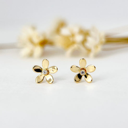 9K Solid Gold Tiny Flower Dainty Stud Earrings