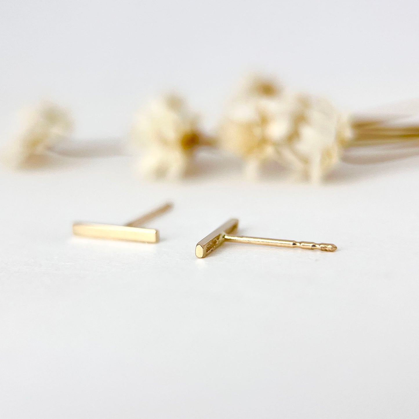 14K Solid Gold Bar Stud Earrings