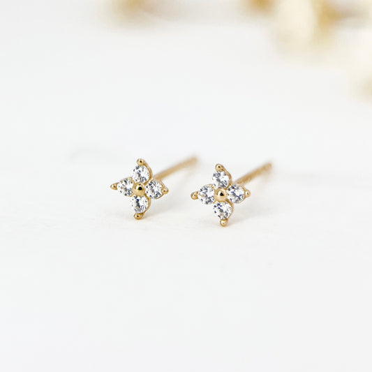 14K Solid Gold Tiny Flower Stud Earrings