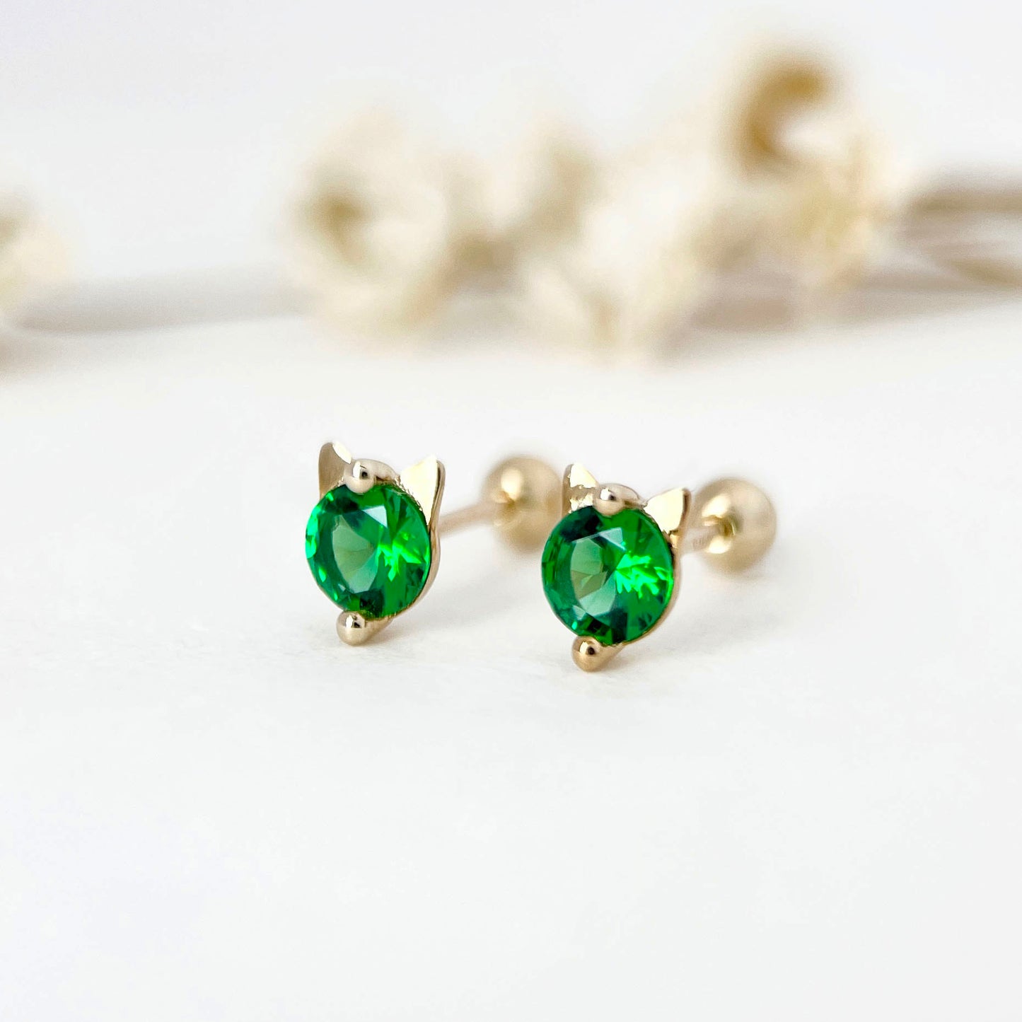 Solid Gold Emerald Green Gemstone Kitten Screw Back Stud Earrings