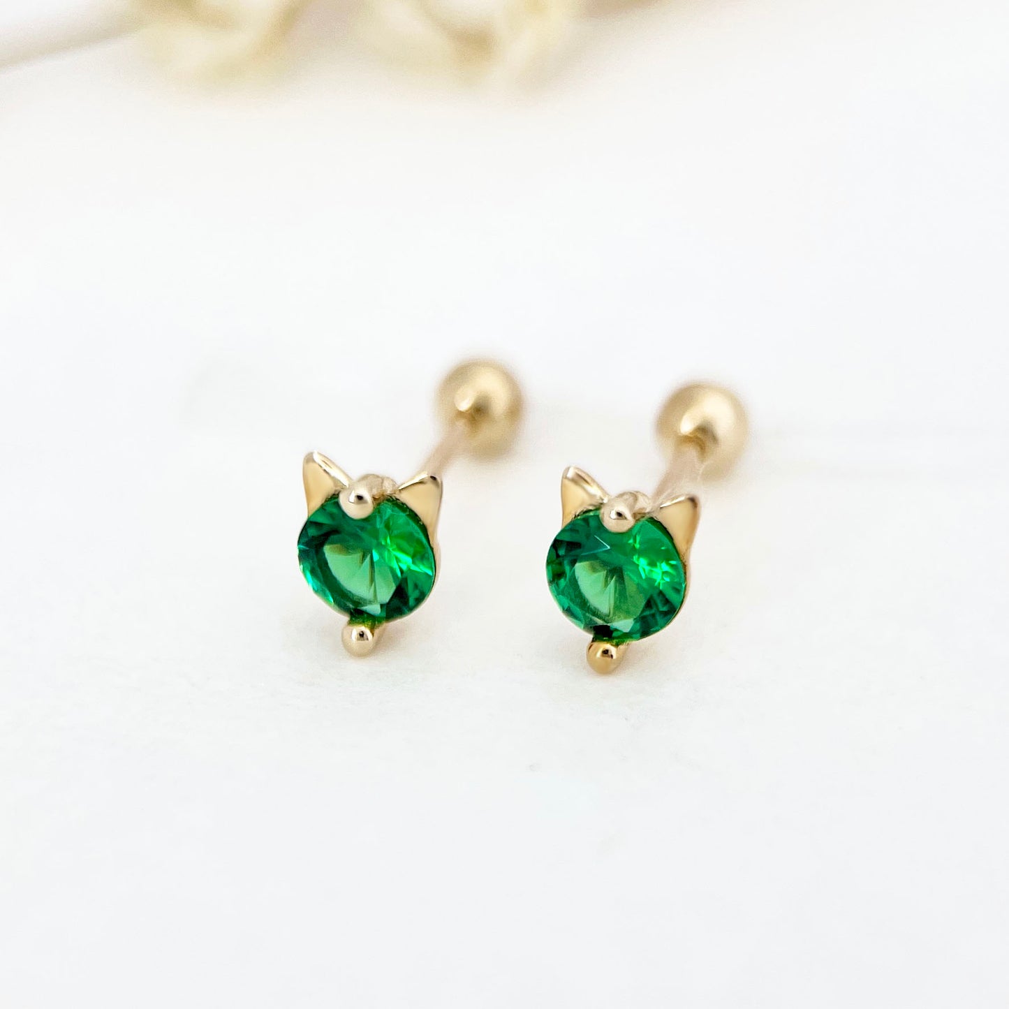 Solid Gold Emerald Green Gemstone Kitten Screw Back Stud Earrings