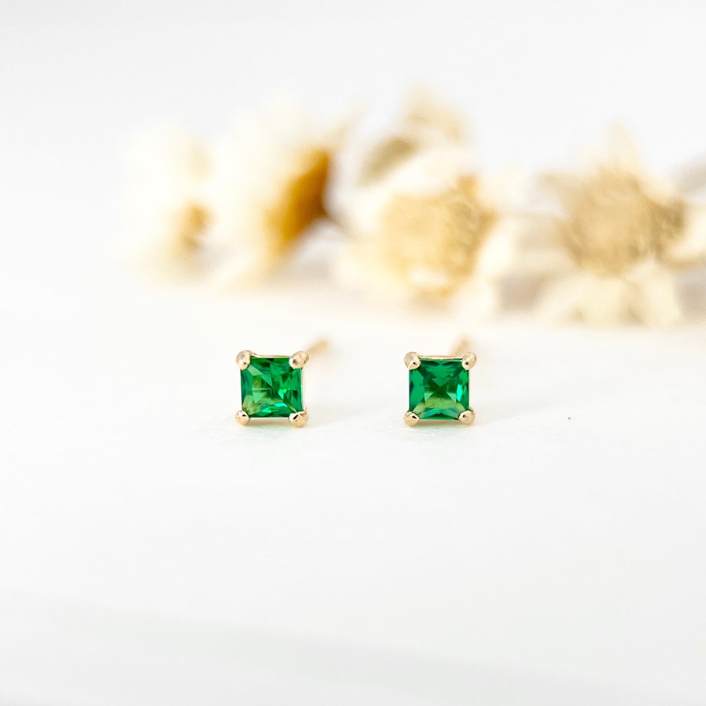 14K Solid Gold Emerald Stud Earrings