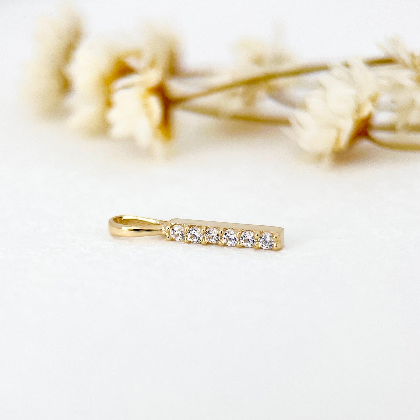 14K Solid Gold Minimalist CZ Diamond Bar Charm