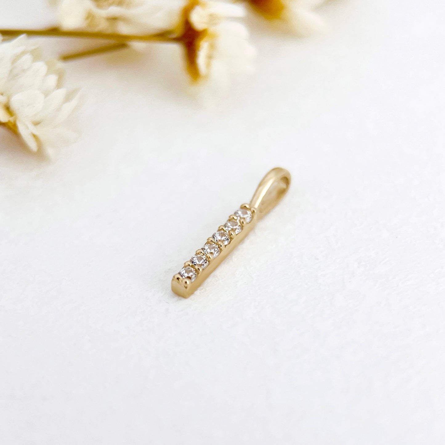 14K Solid Gold Minimalist CZ Diamond Bar Charm