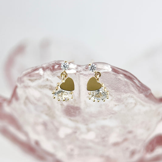 14K Solid Gold Double Heart Stud Earrings