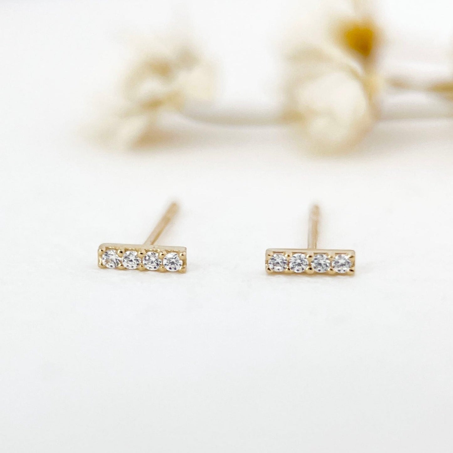 14K Solid Gold Dainty Diamond Bar Stick Earrings