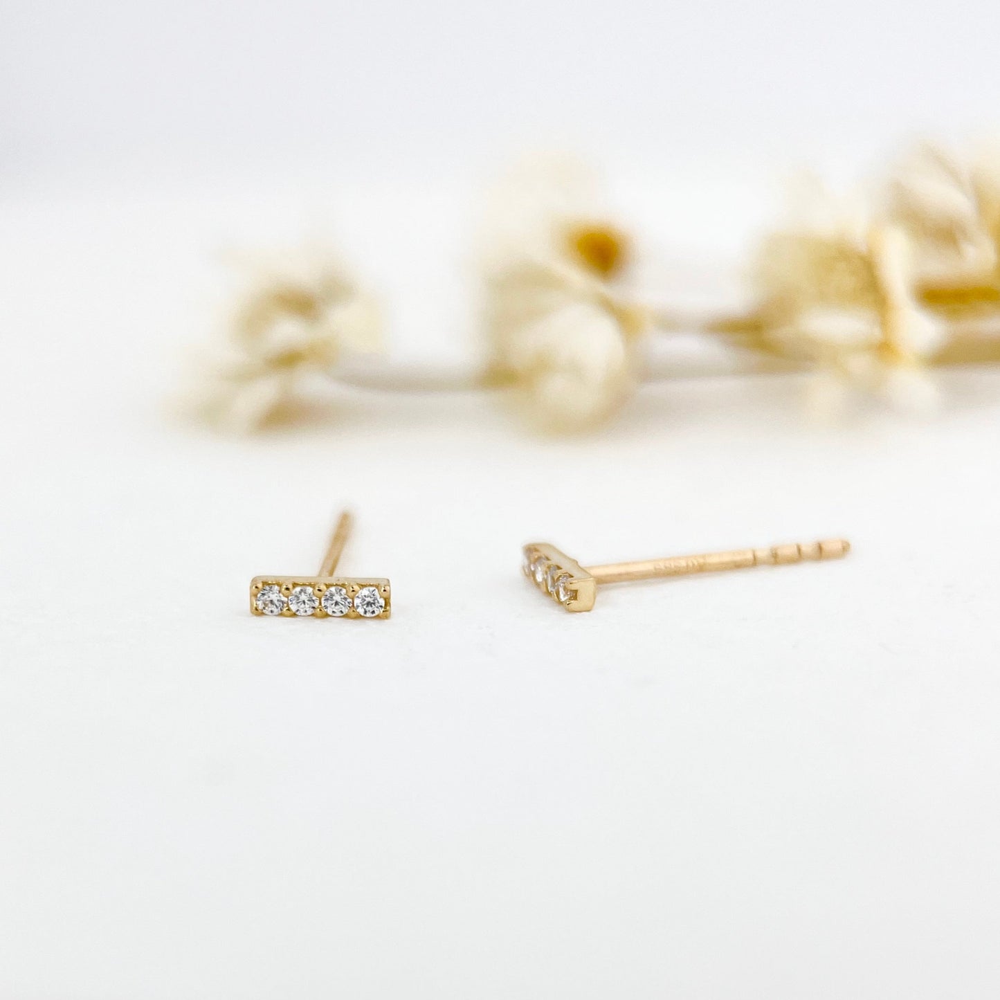 14K Solid Gold Dainty Diamond Bar Stick Earrings