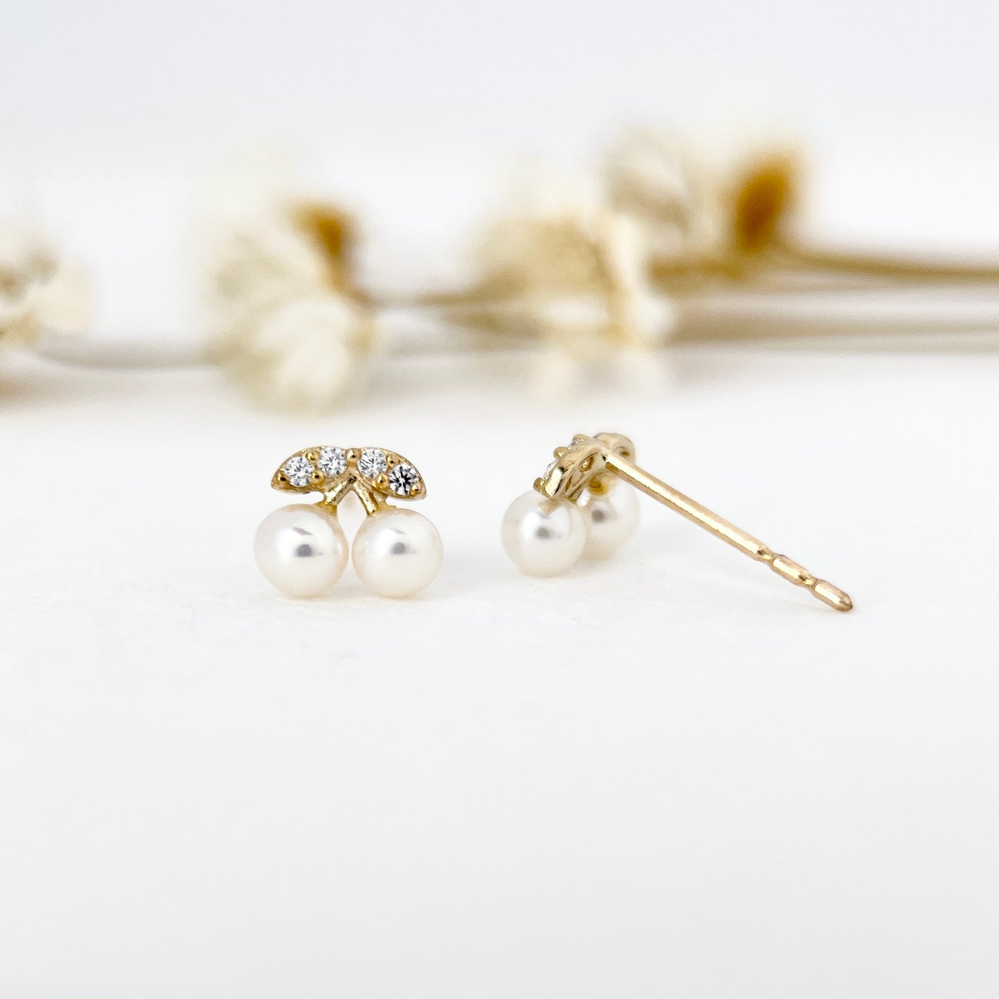 Solid Gold Dainty White Pearl Cherry Stud Earrings