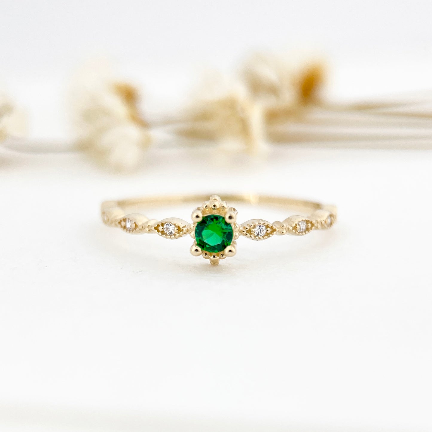 Real Solid Gold Emerald Green Gemstone Dainty Stackable Ring