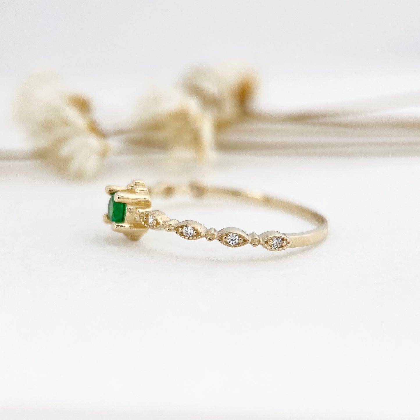 Real Solid Gold Emerald Green Gemstone Dainty Stackable Ring