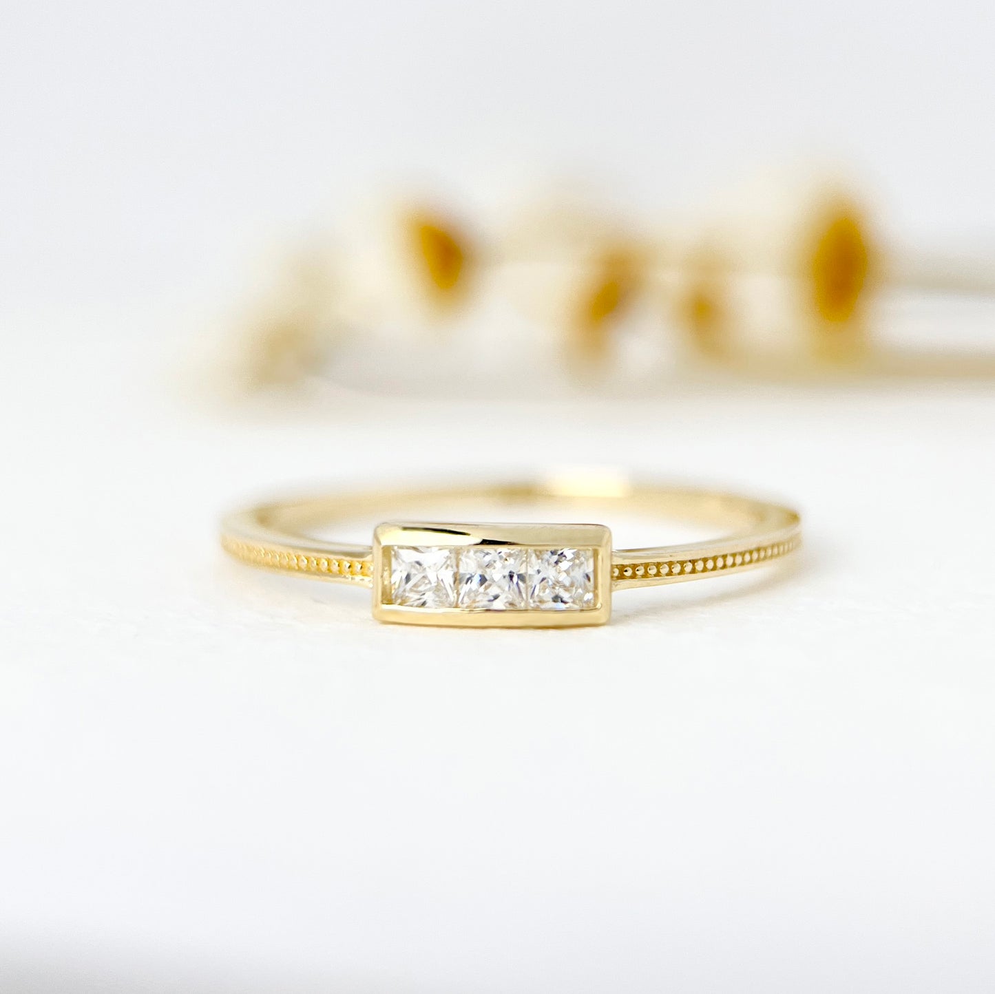 9K Solid Gold Bezel Setting Three Stones Stackable Dainty Ring