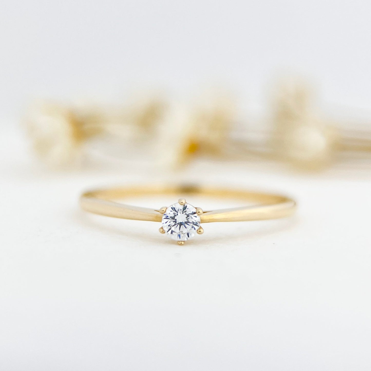 14K Solid Gold Dainty Solitaire CZ Diamond Ring