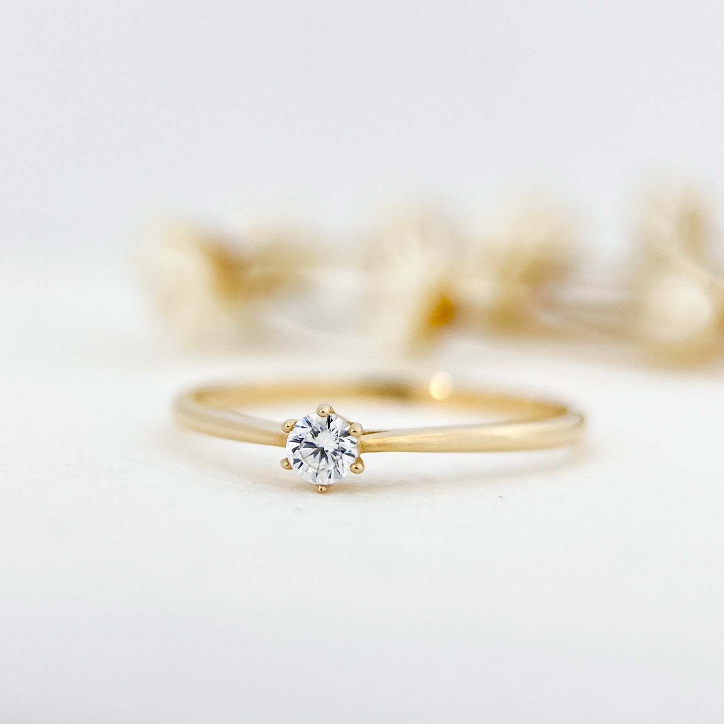 14K Solid Gold Dainty Solitaire CZ Diamond Ring