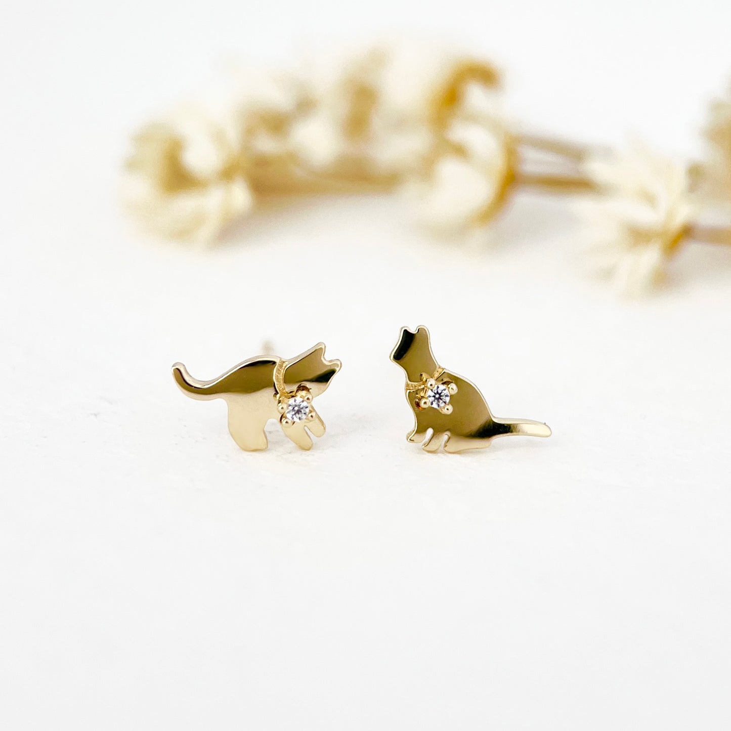 14K Solid Gold Lovely Kitten Dainty Mismatched Stud Earrings