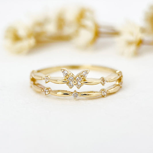 Solid Gold Spit Shank Butterfly Stackable Dainty Ring