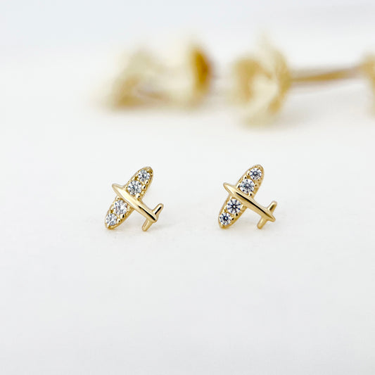 9K Solid Gold Plane Dainty Stud Earrings