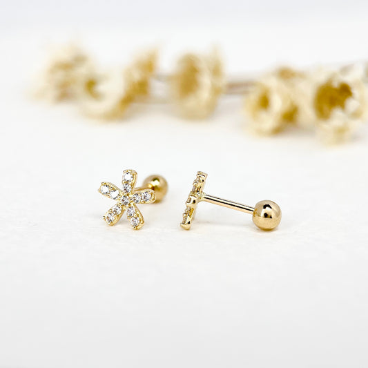 9K Solid Gold Dainty Flower Screw Back Stud Earrings