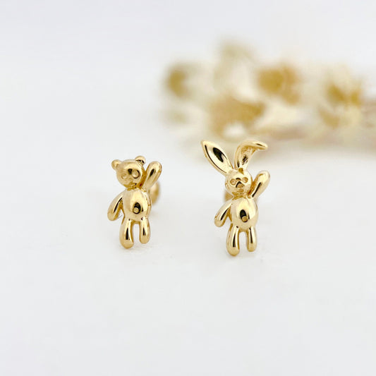 9K Solid Gold Screw Back Bunny & Bear Stud Earrings