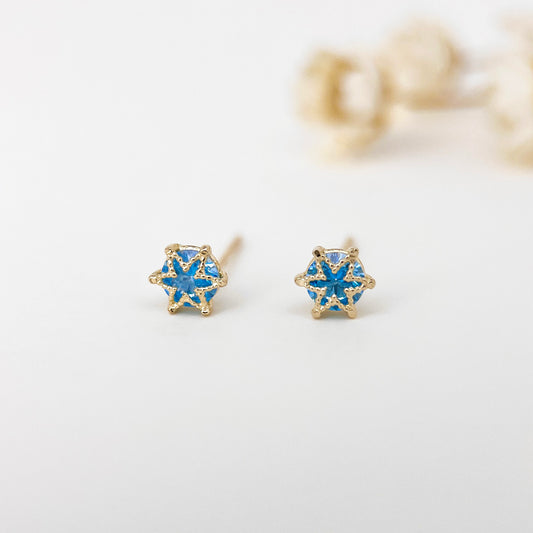 14K Solid Gold Delicate Blue Topaz Snowflake Stud Earrings