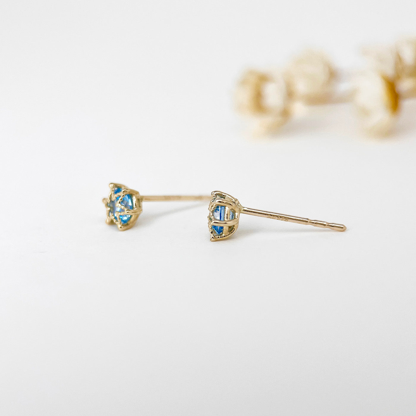 14K Solid Gold Delicate Blue Topaz Snowflake Stud Earrings