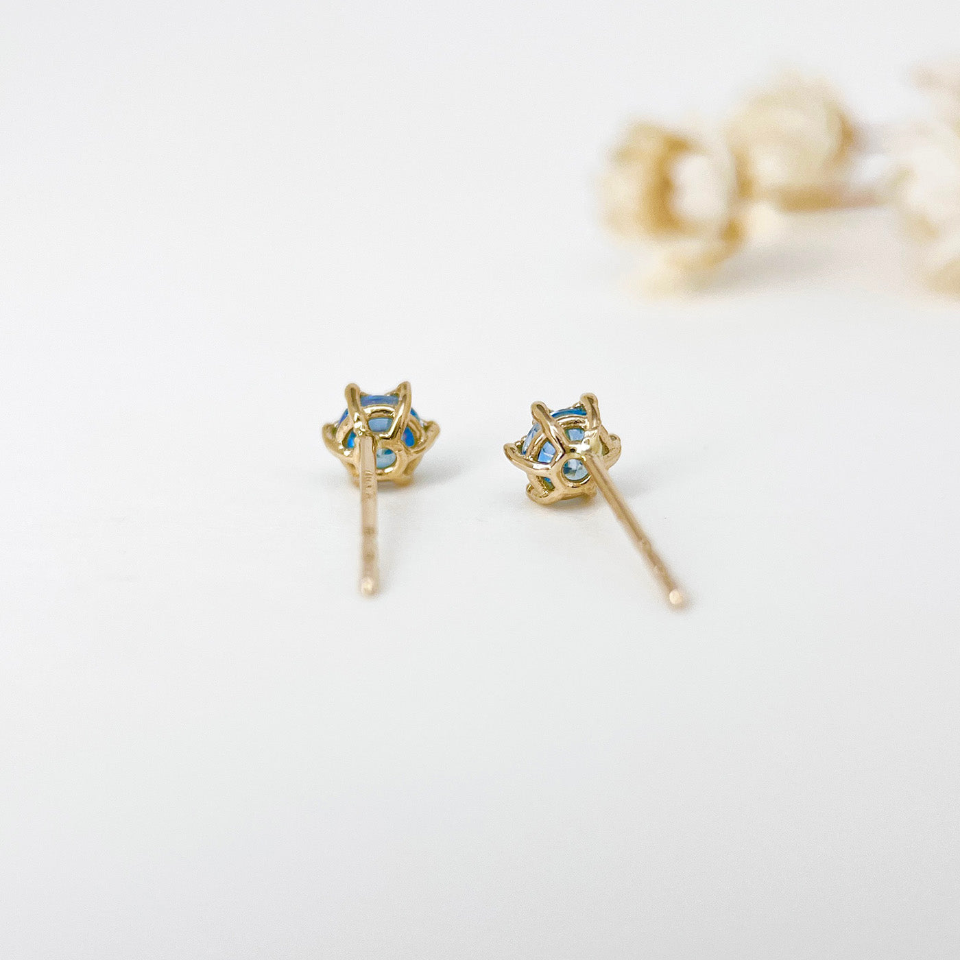 14K Solid Gold Delicate Blue Topaz Snowflake Stud Earrings